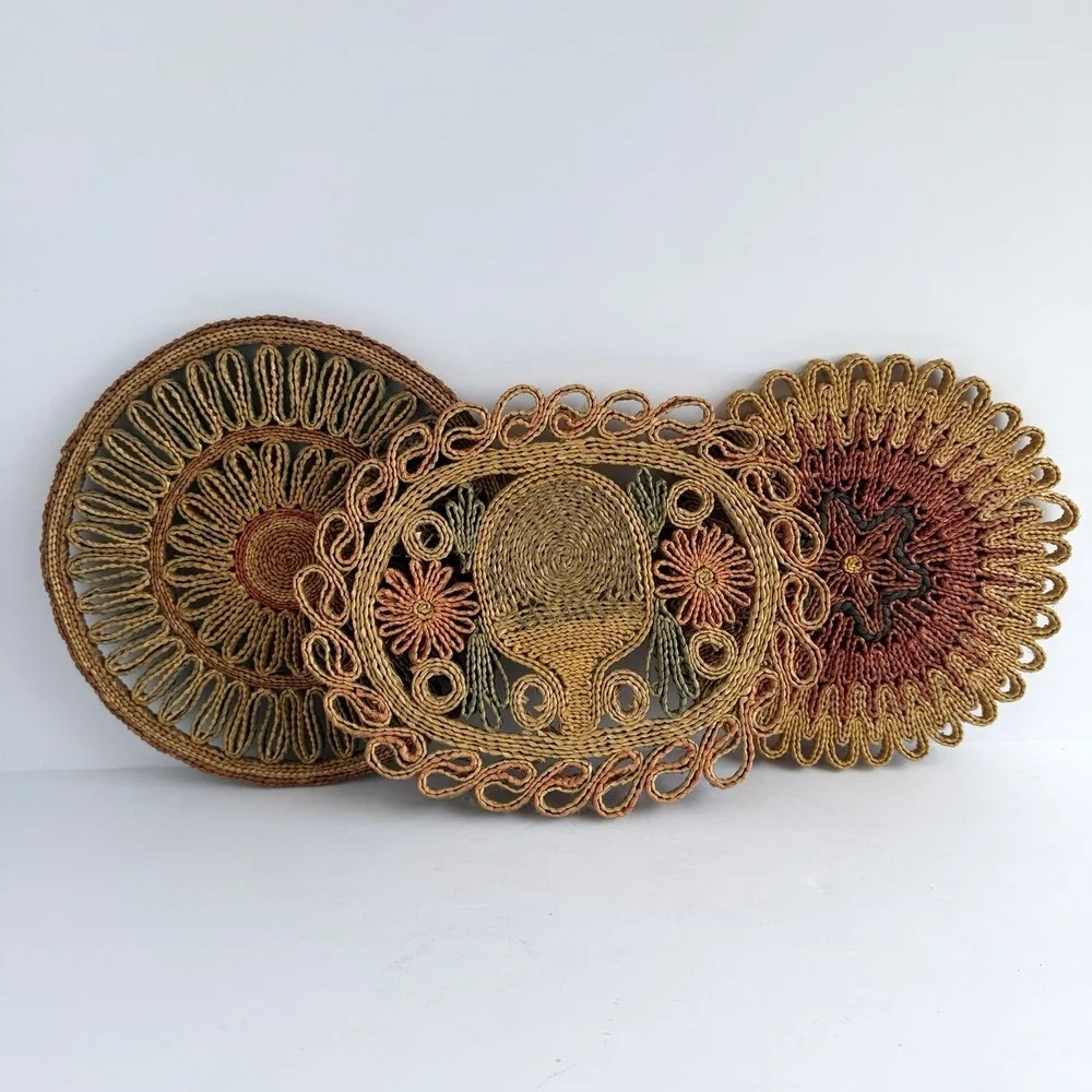 Vtg Raffia Straw Wicker Rattan Trivets Hot Pad Wall Decor Boho 3 Pc Cottagecore